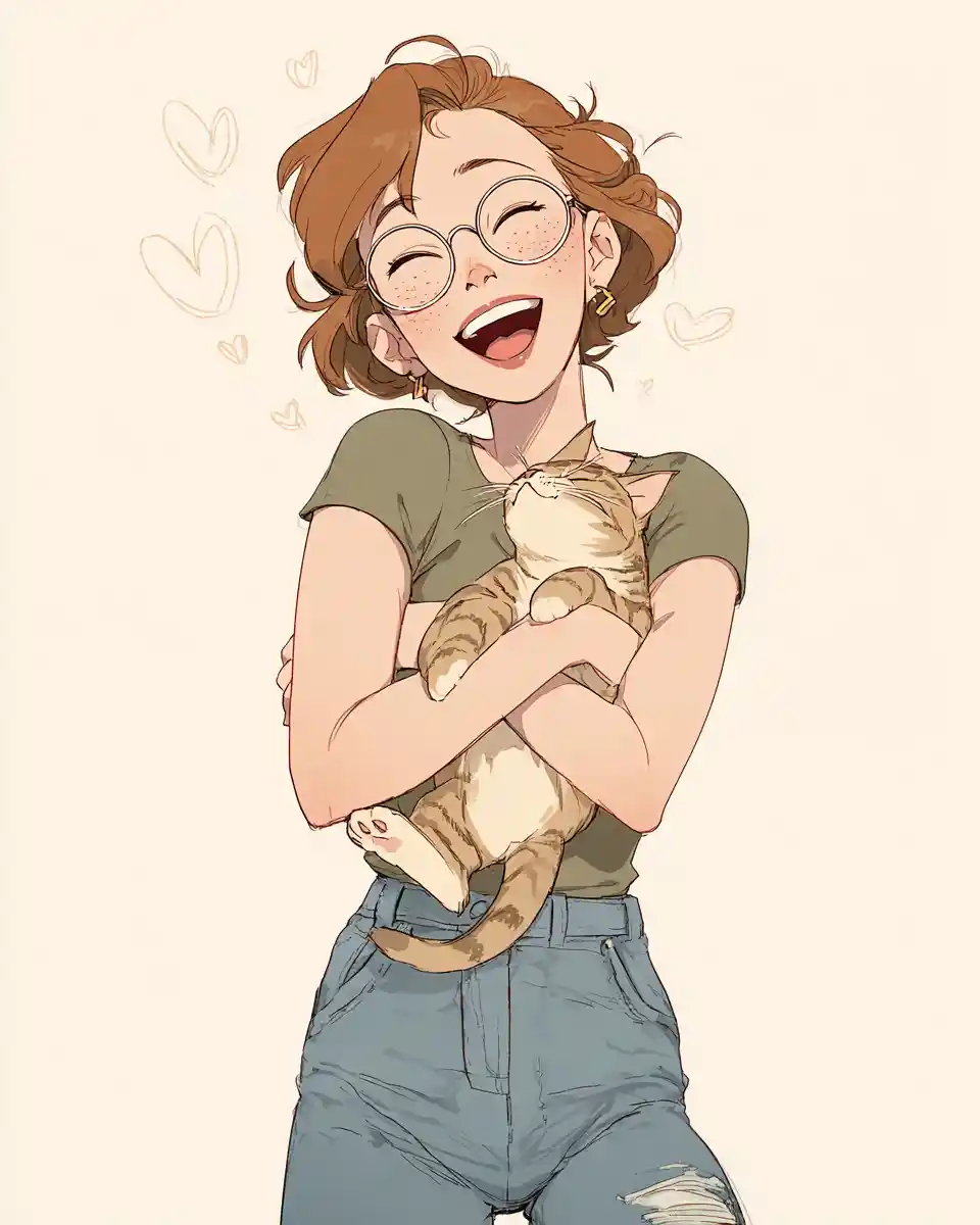 Joyful girl hugging a tabby cat with doodled hearts