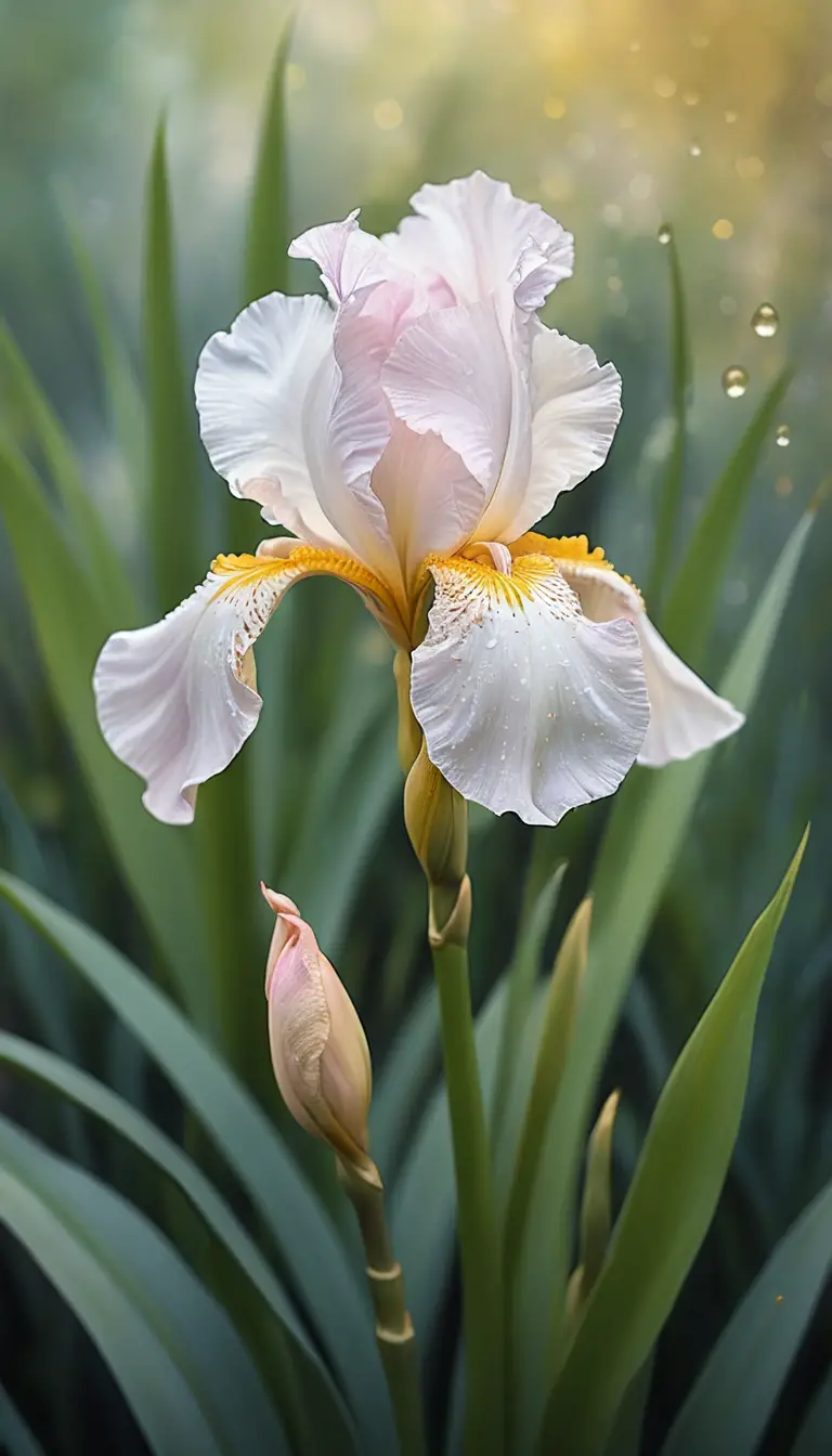 Iris bianco con tocchi dorati nella soffice luce del mattino in acquerello