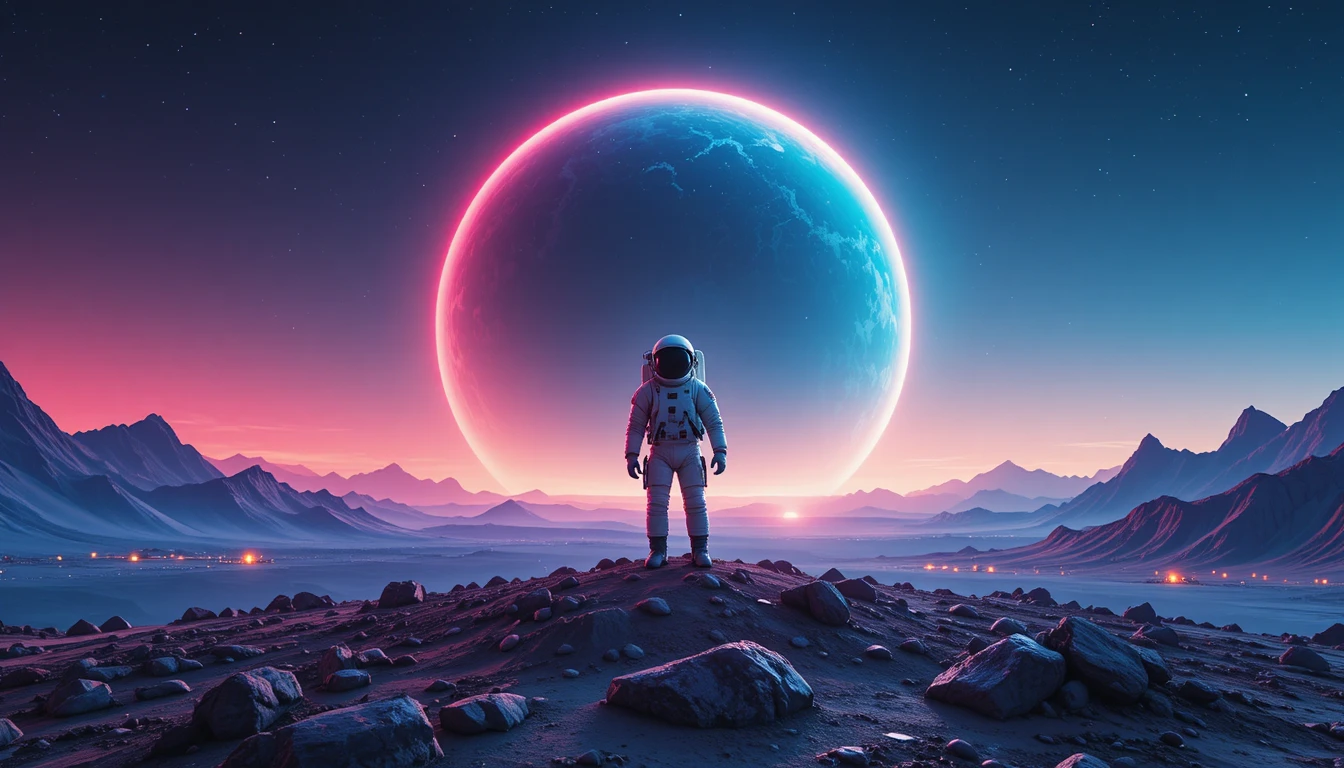 發光外星行星上仰望環帶天空的孤獨太空人