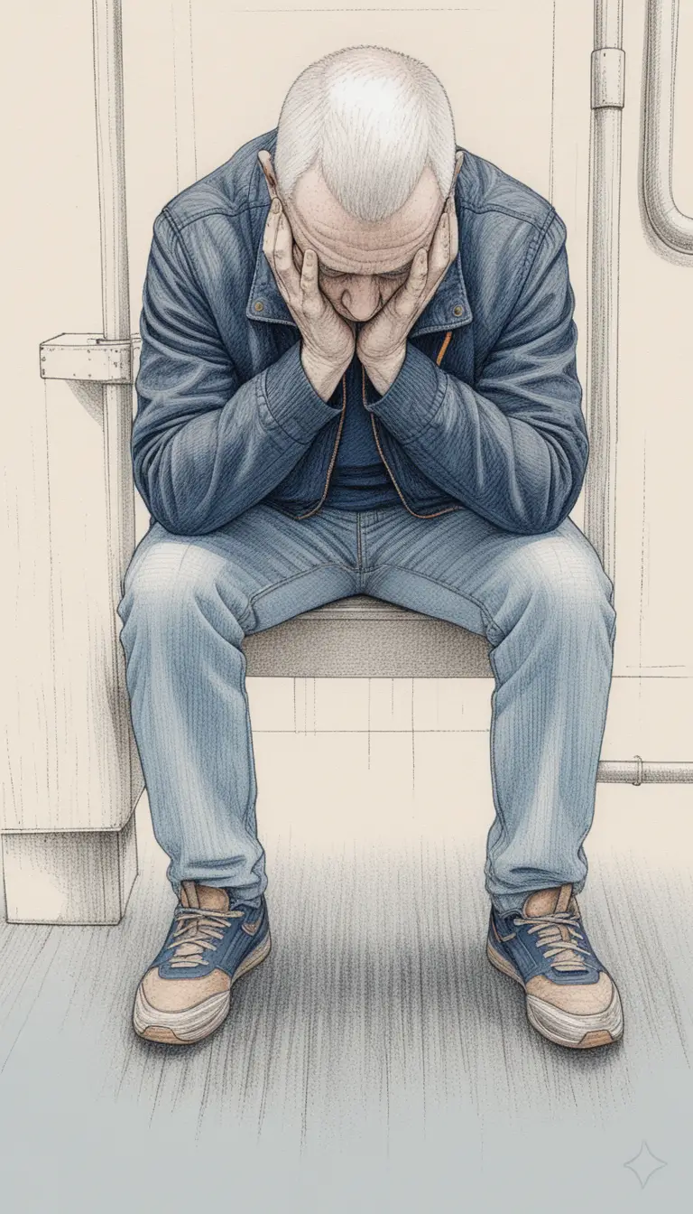Man Sitting On Bench With Face Hidden In His Hands