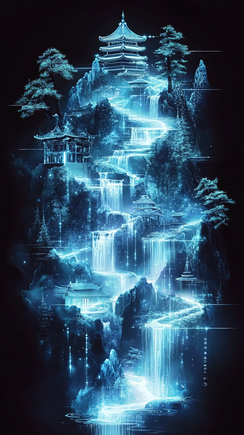 Pagodas de Montaña Brillantes que Surgen de un Pergamino de Cristal