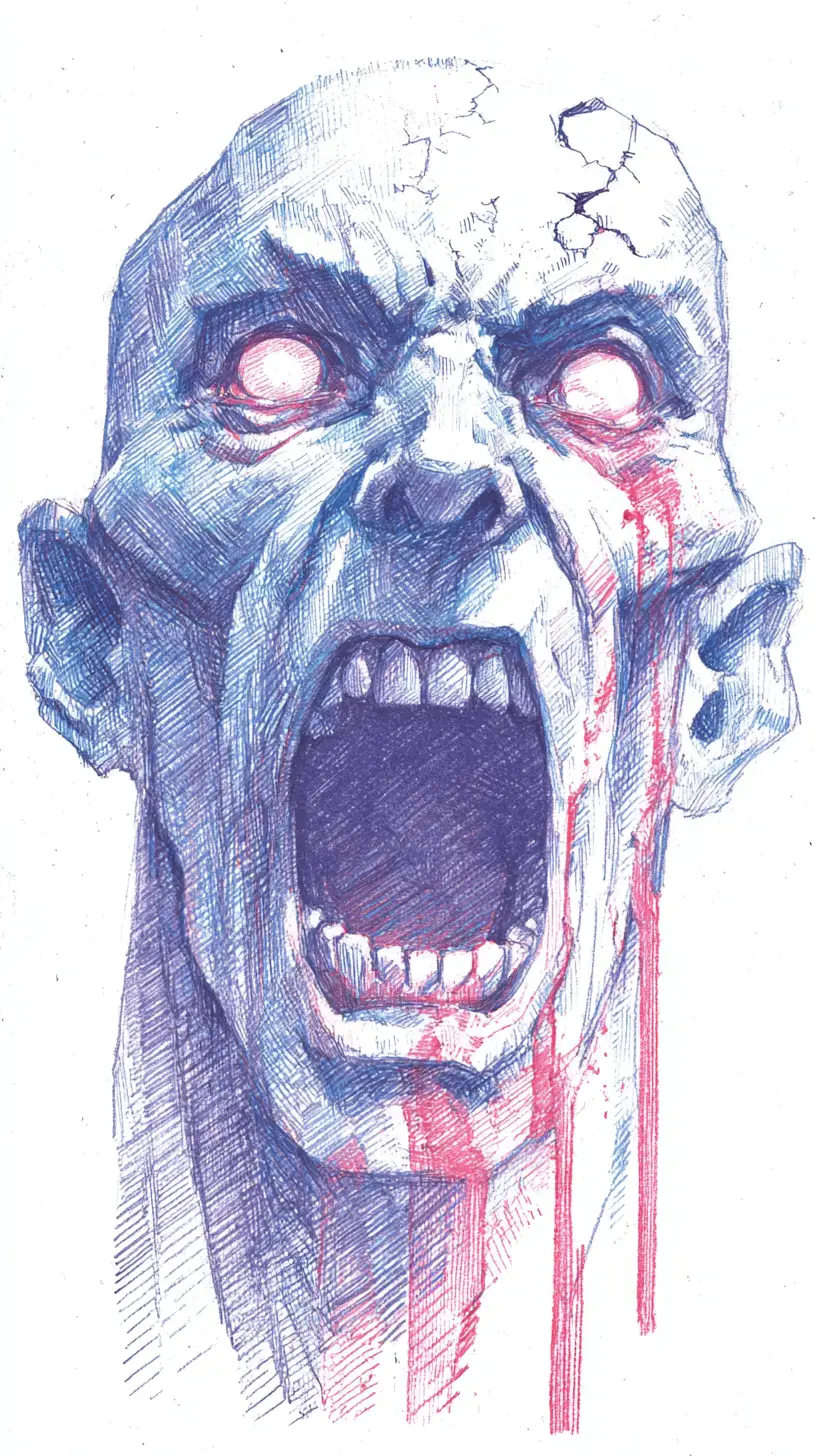 Tormented flayed head screaming in stark ink drawing