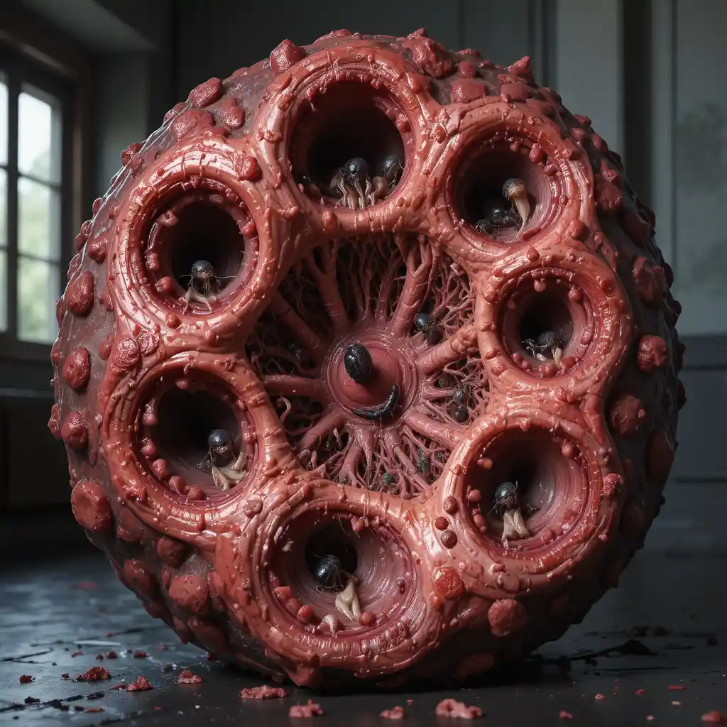 Grotesque parasitic mass with insects and larvae