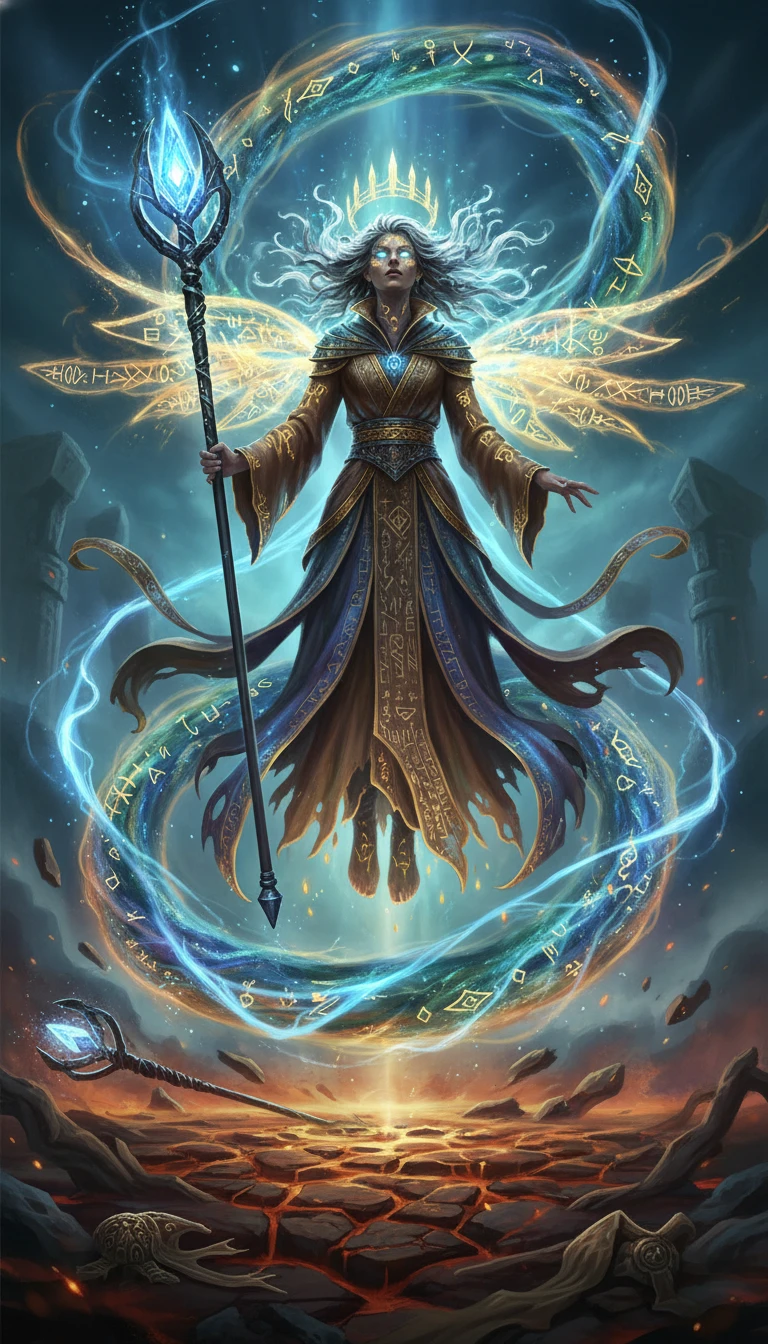 Fantasy mage transforming amid swirling arcane energy