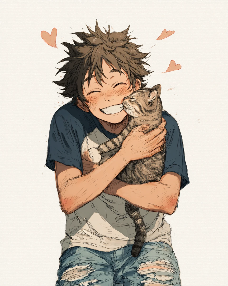 Garçon d’anime joyeux serrant dans ses bras un chat tigré affectueux