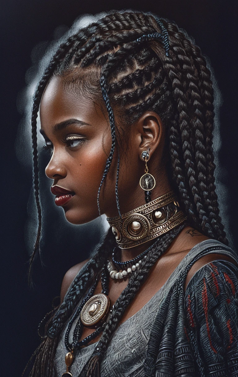 Pencil side profile portrait of braided black warrior woman