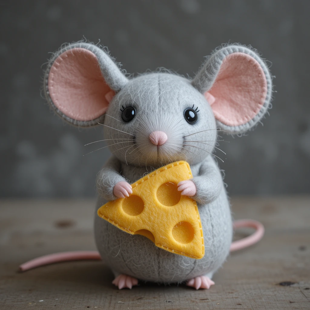 Adorável ratinho de feltro abraçando uma fatia de queijo amarelo