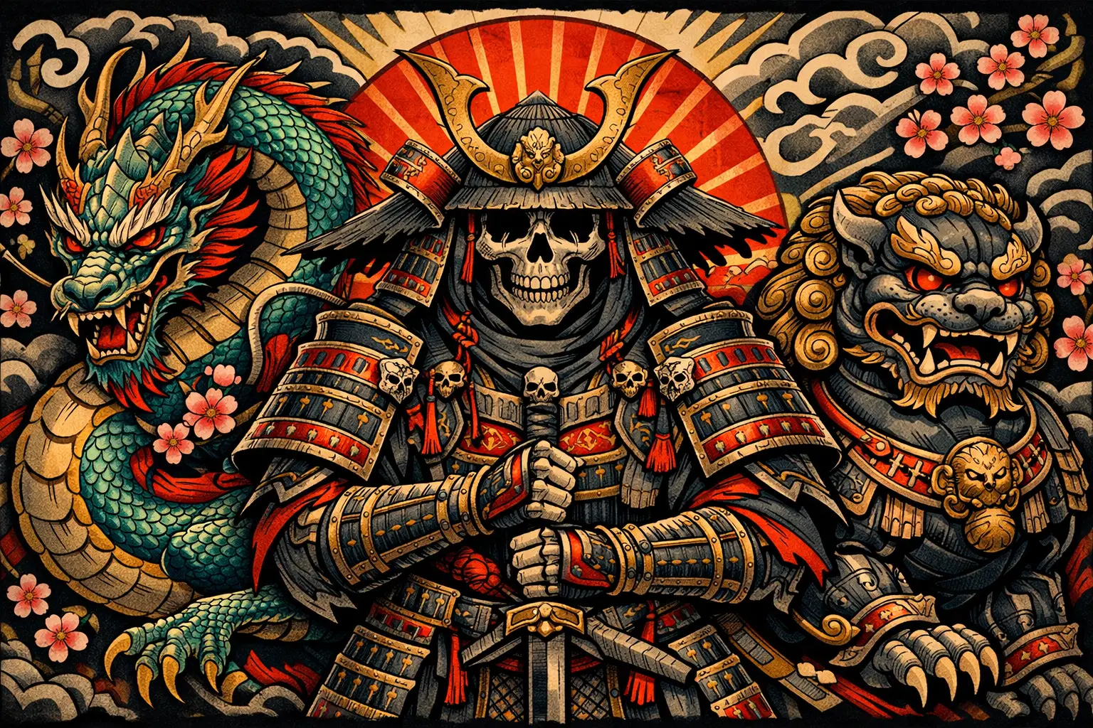 Gepanzerter toter Ronin mit Drachen- und Foo-Dog-Banner Illustration