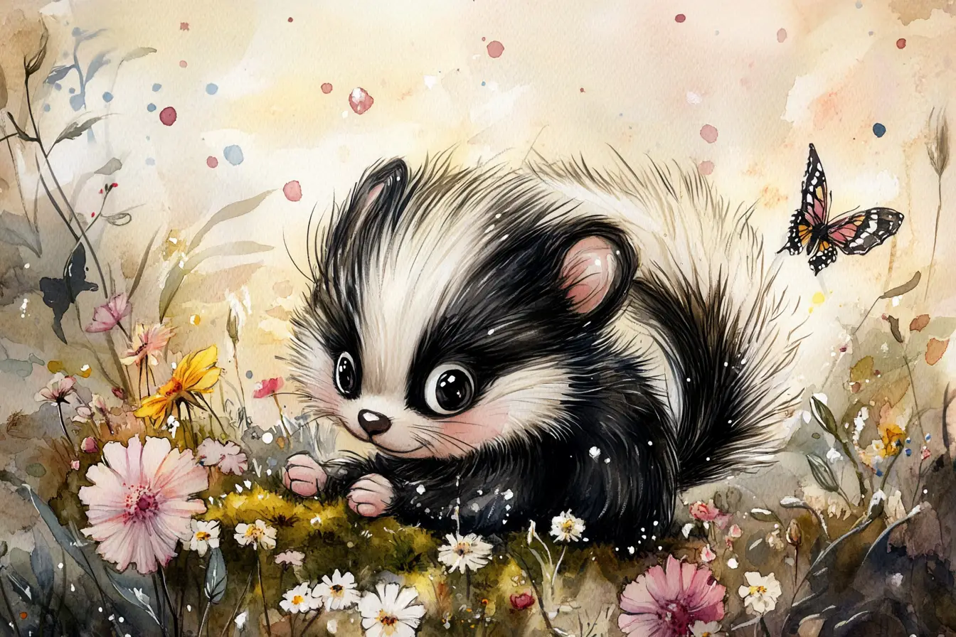 Pummeliger Baby-Stinktier in einer Wildblumenwiese – Aquarellszene