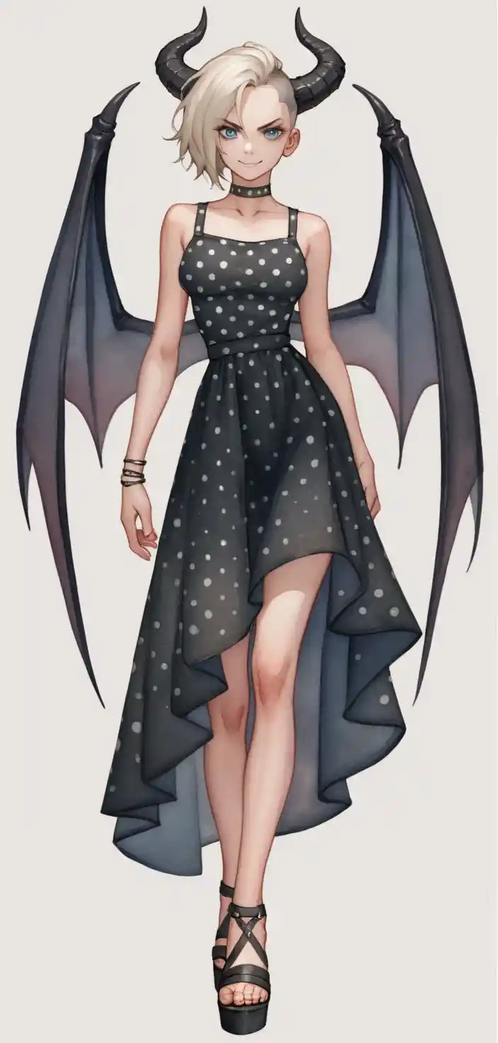 Femme fantastique cornue en robe à pois avec des ailes de chauve-souris