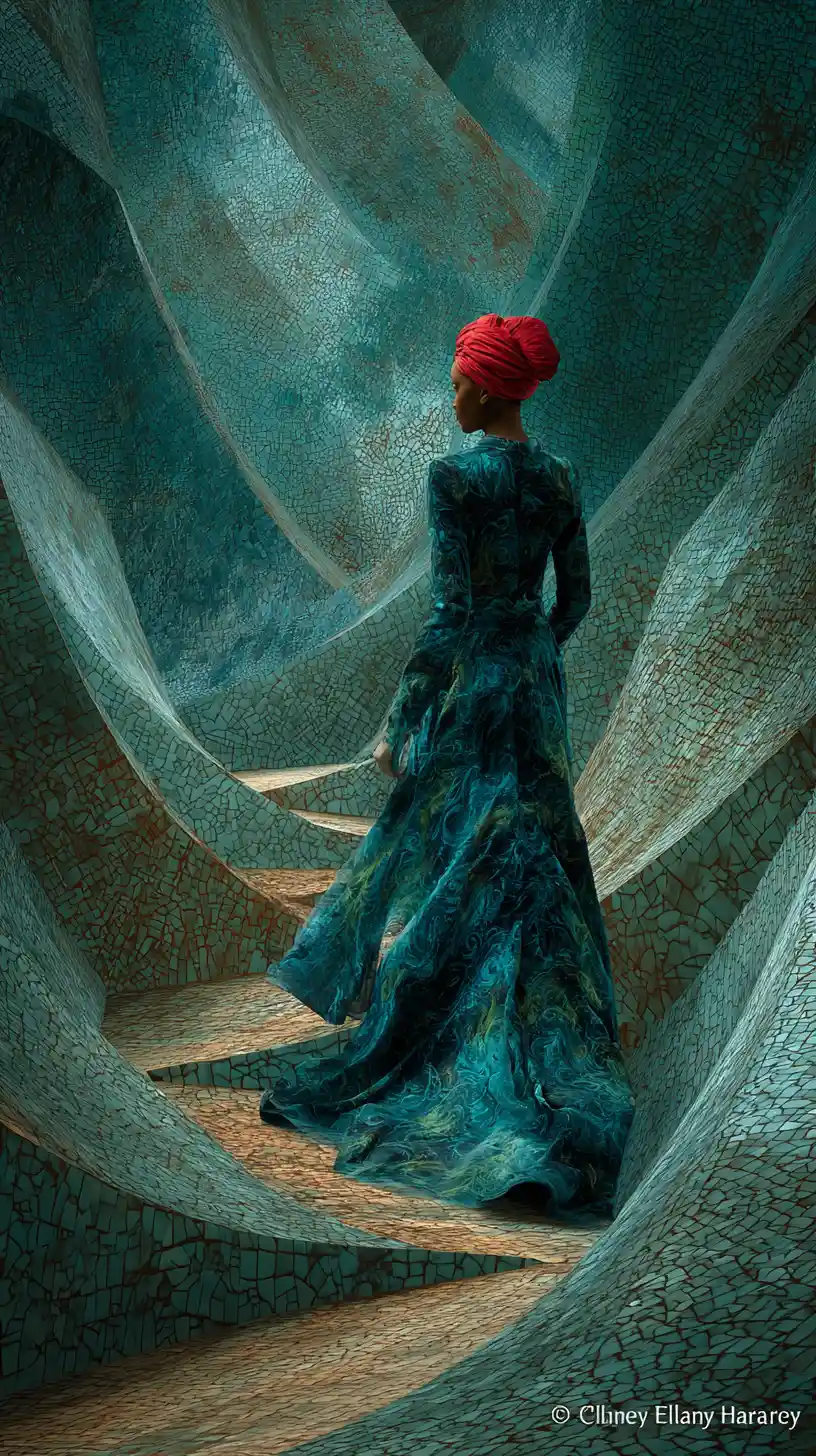 Elegant woman walking along a golden path of mosaics