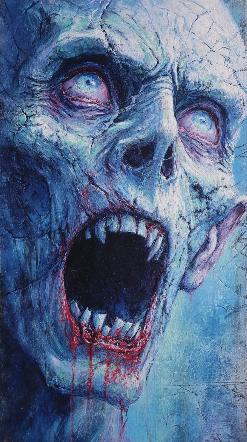 Macabre oil painting of a flayed screaming head creature