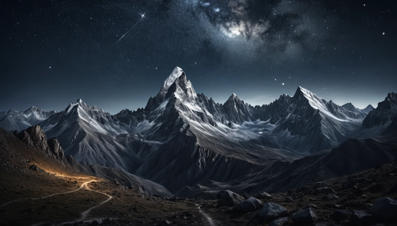 Cordilheira cinematográfica sob um céu estrelado iluminado por lua prateada