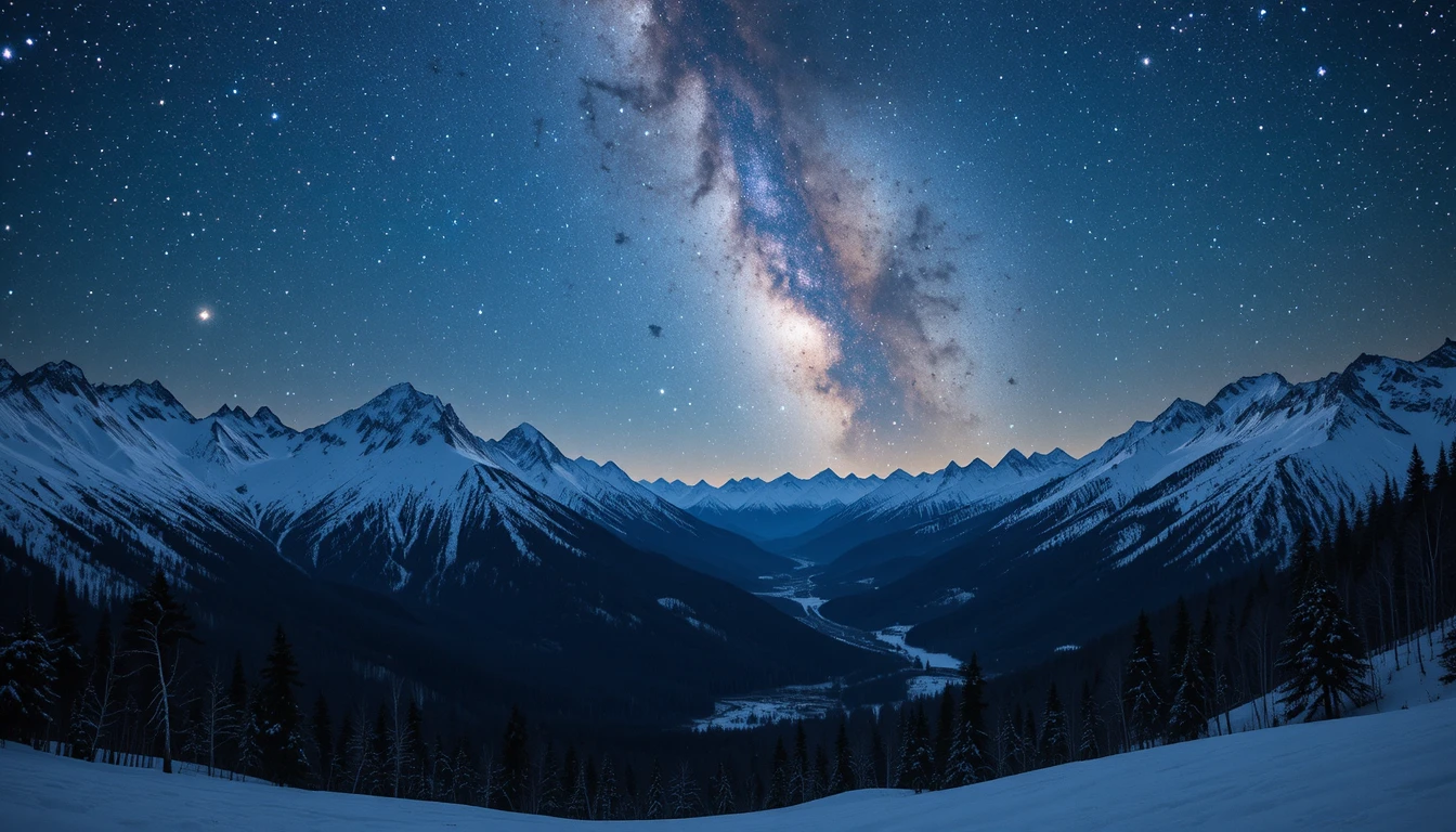 Picos de montanhas nevadas sob um céu brilhante e estrelado da Via Láctea