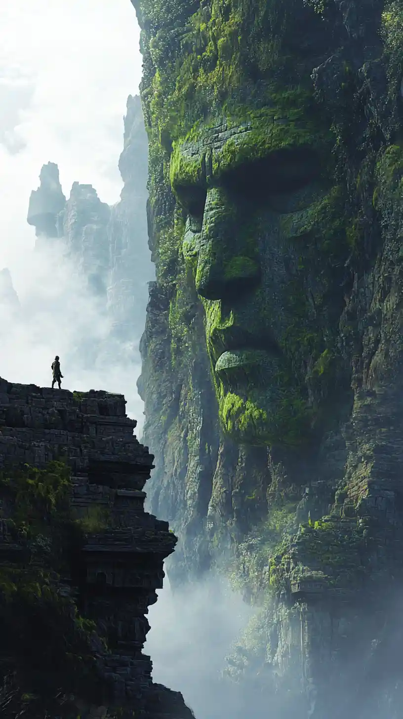 Lone explorer at the edge of ancient colossal ruins