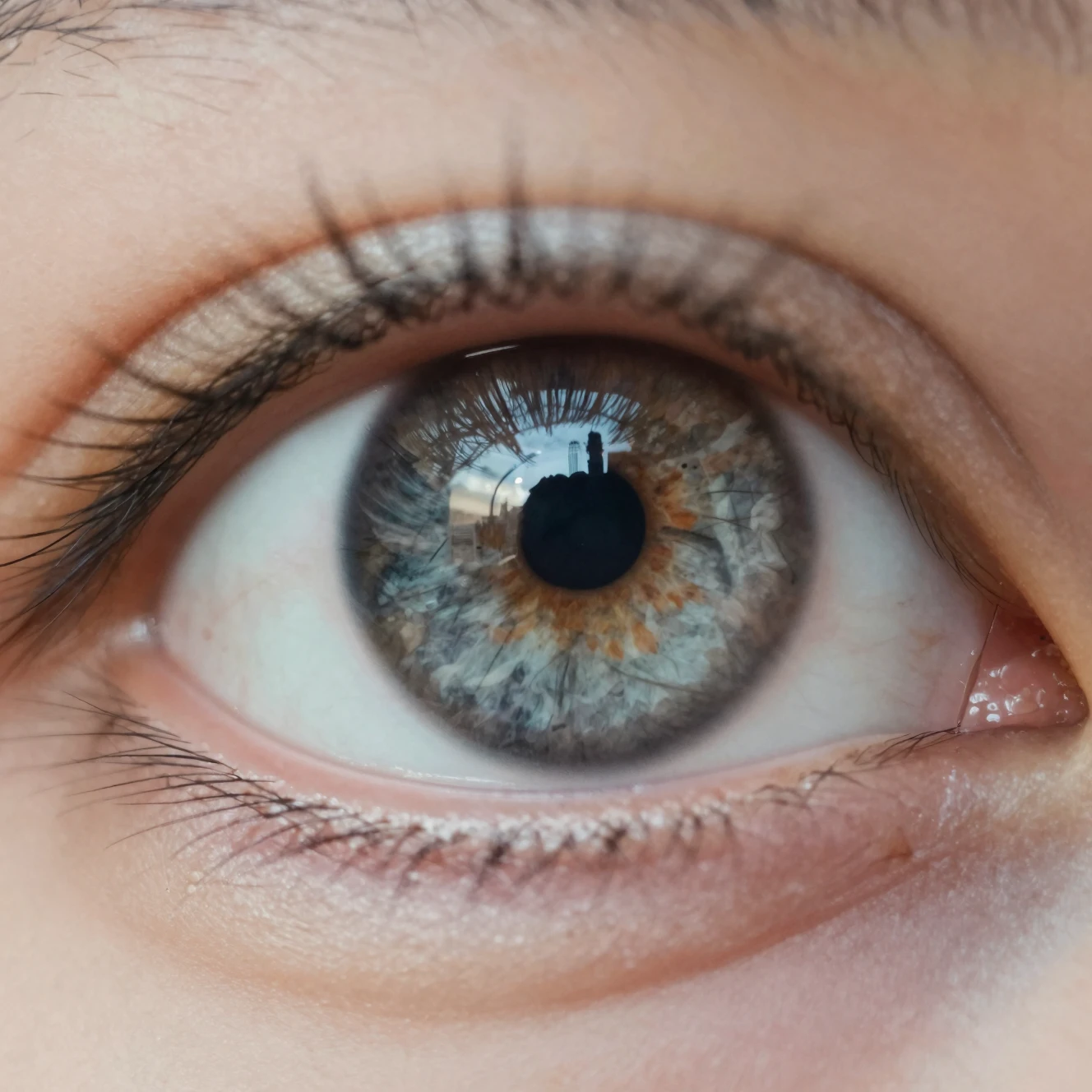 Close-up de um olho detalhado com silhueta de cidade na íris