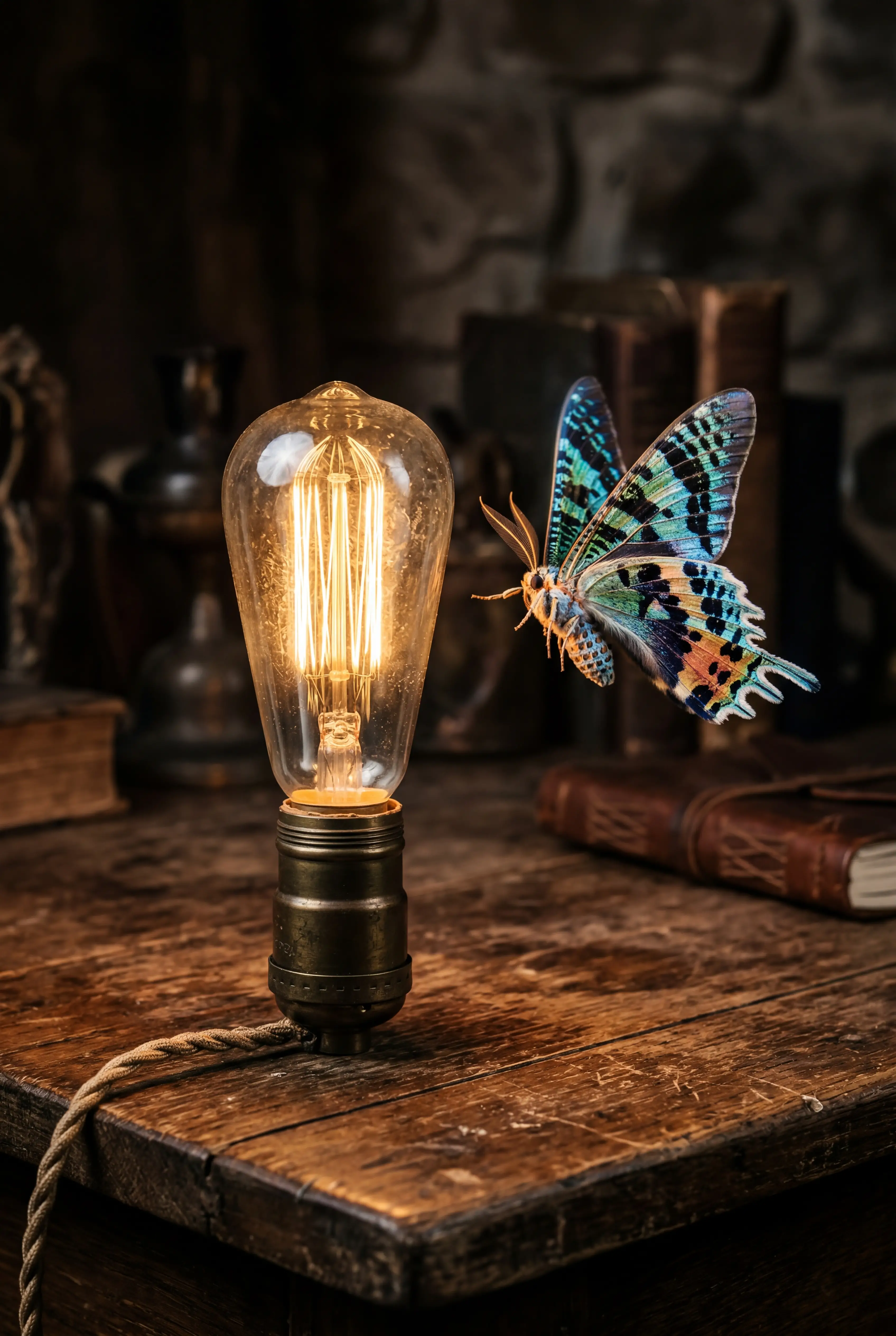 Vintage filament bulb with hovering exotic moth close up