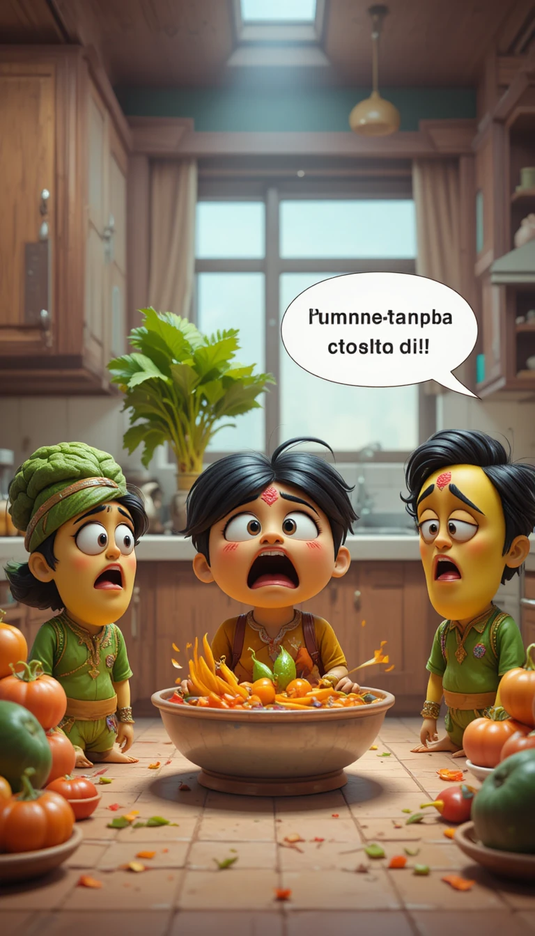 Verdure indiane antropomorfe in una scena drammatica in cucina
