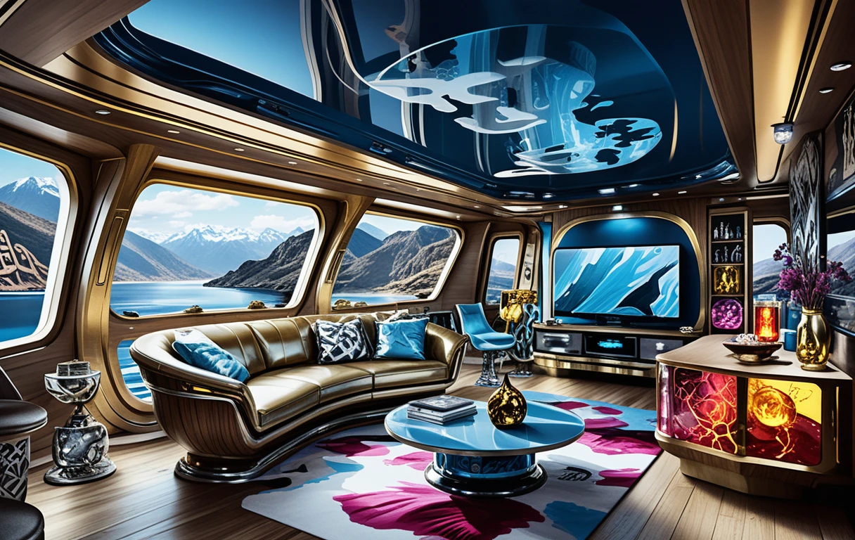 Interior futurista de iate-casa de luxo brilhando contra montanhas escuras
