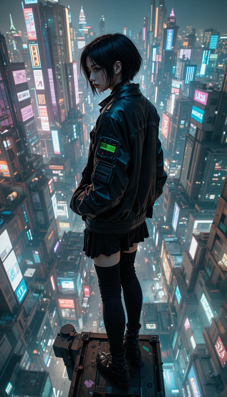 Goth girl on a high gantry above a neon cyberpunk city