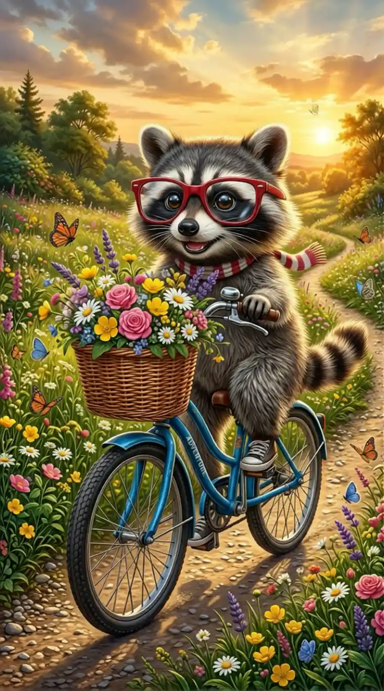 Chubby baby raccoon on bicycle with flowers and butterflies