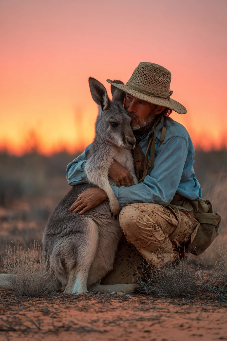Man hugging a kangaroo at sunset in a quiet desert