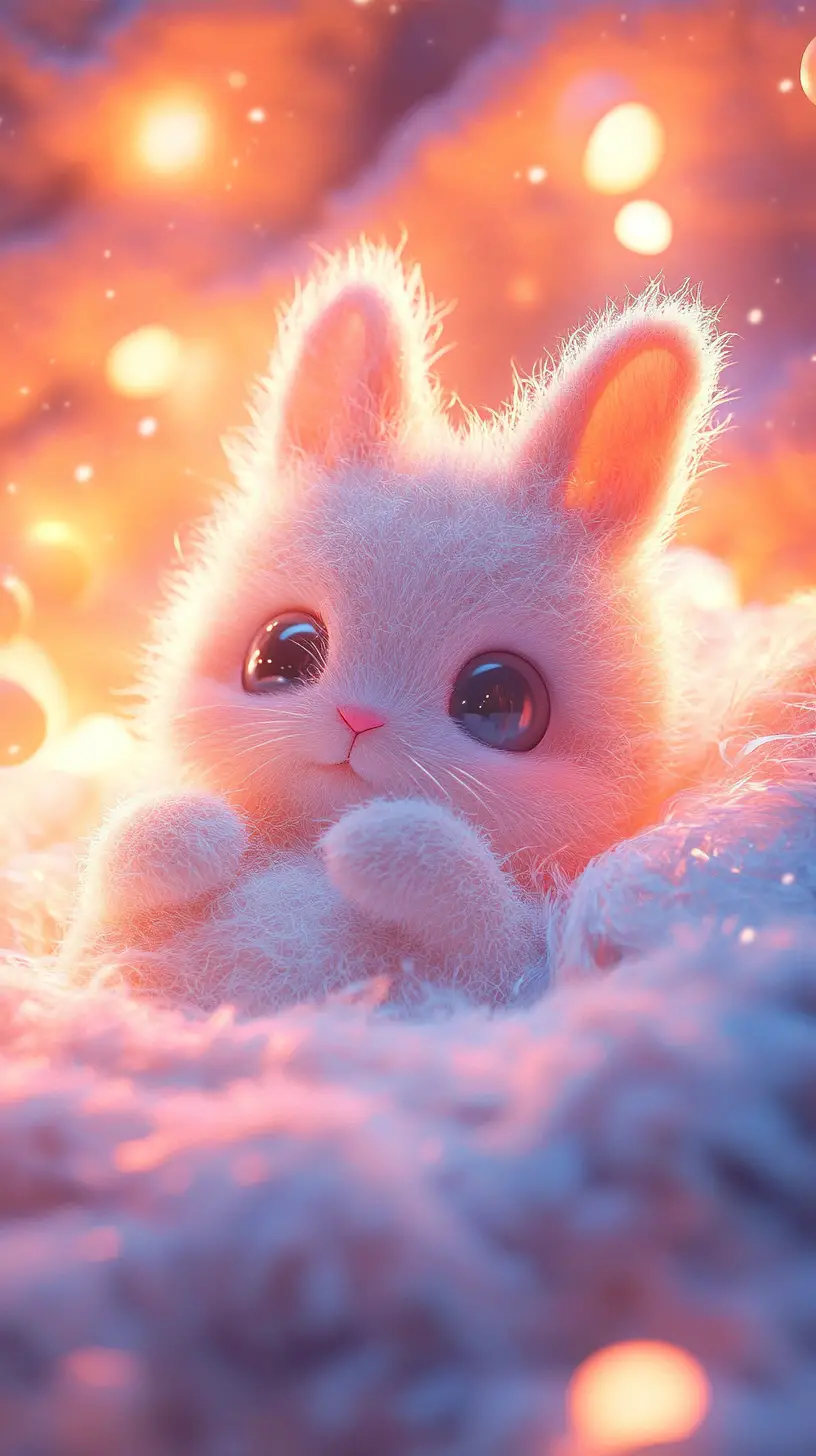 Cute pastel fantasy creature curled among soft toys