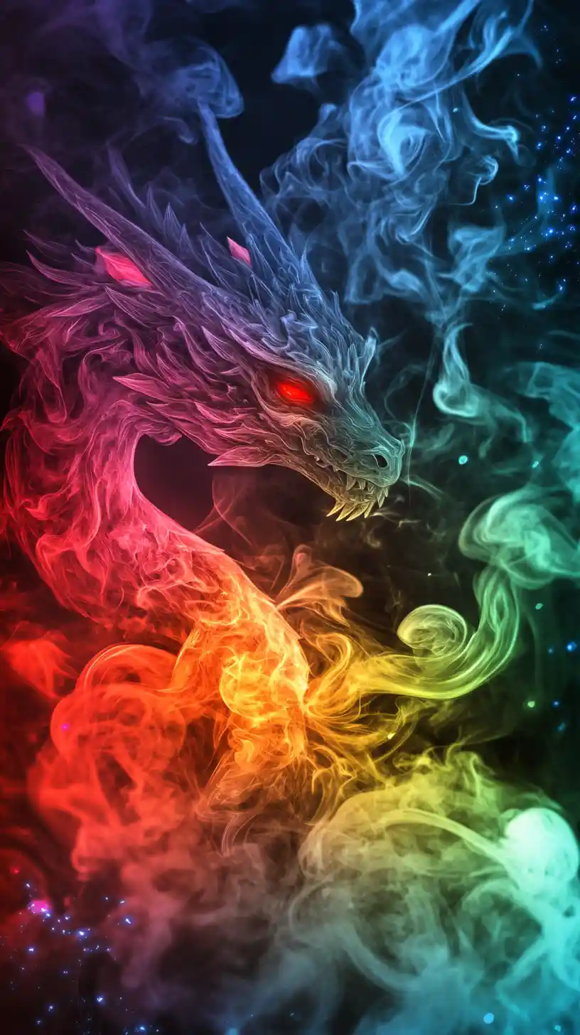 Rainbow smoke dragon with glowing red eyes in mist