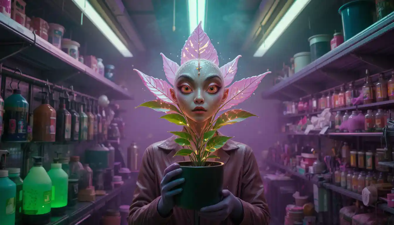 Shy botanist presenting a glowing bioluminescent plant
