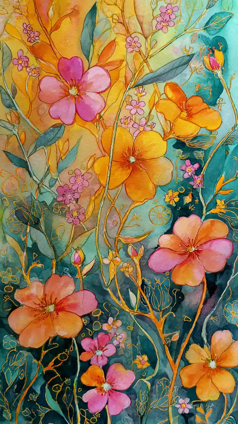 Art nouveau watercolor landscape with abstract spring blossoms