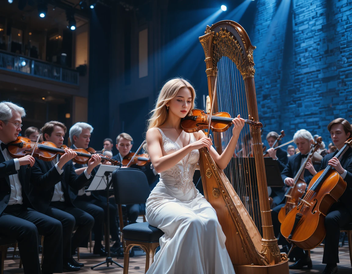 Elegant harpist performing on stage in dramatic light