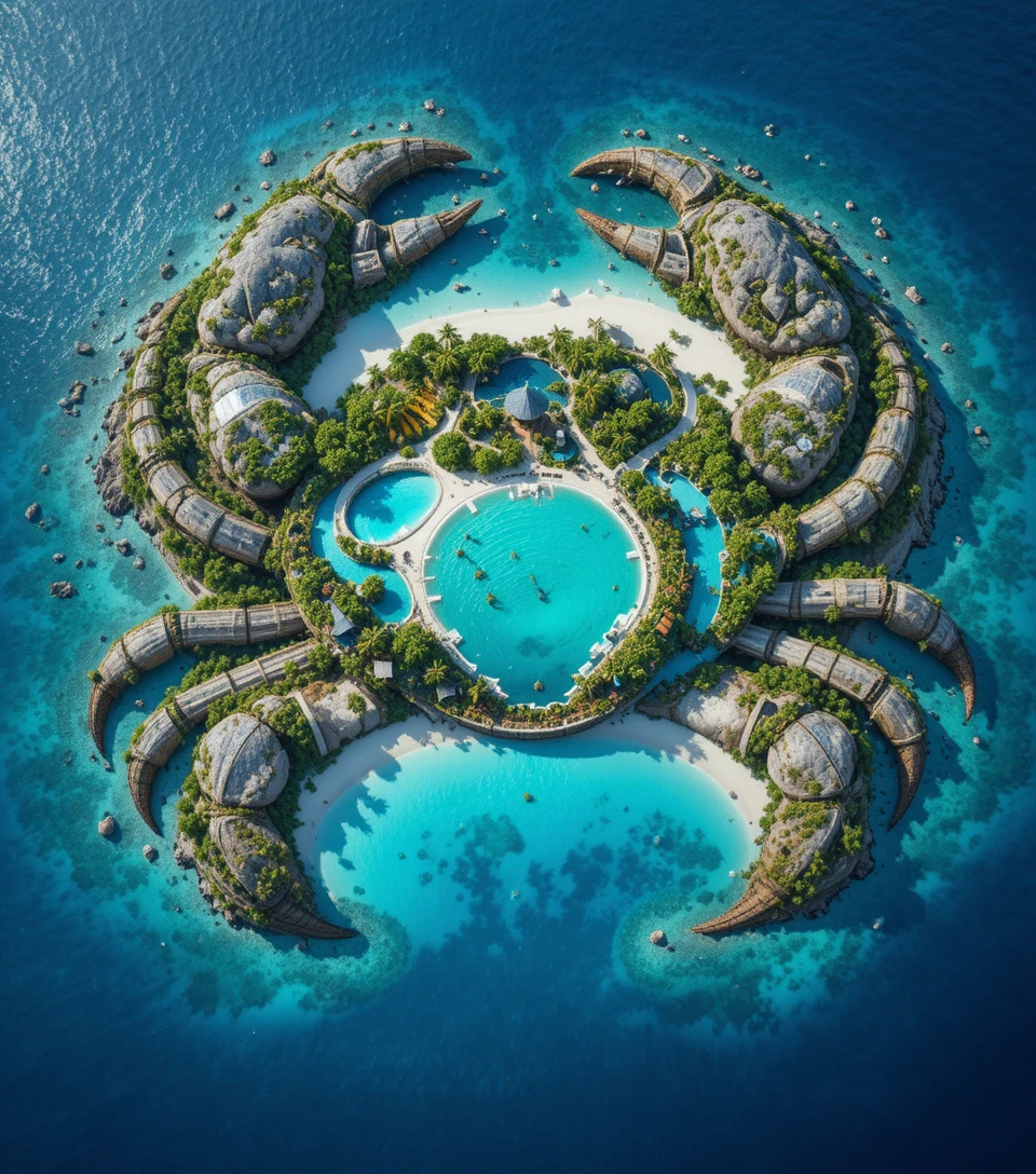Vista aerea del parco acquatico su atollo tropicale a forma di granchio
