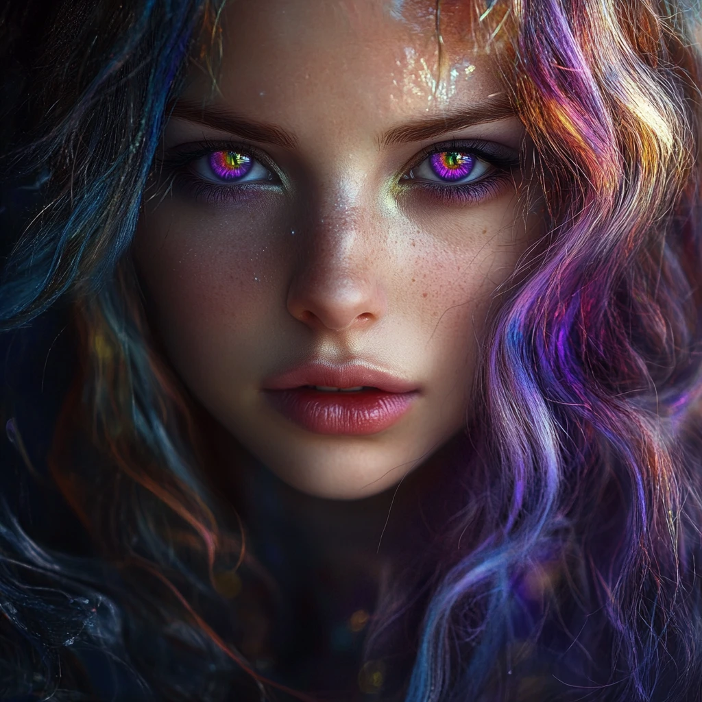 Enchanting sorceress with violet eyes and ethereal flowing robes