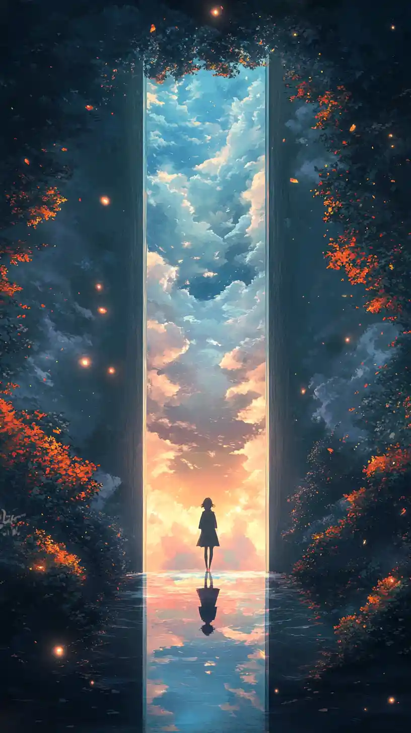 Lone figure before a luminous sky portal in forest