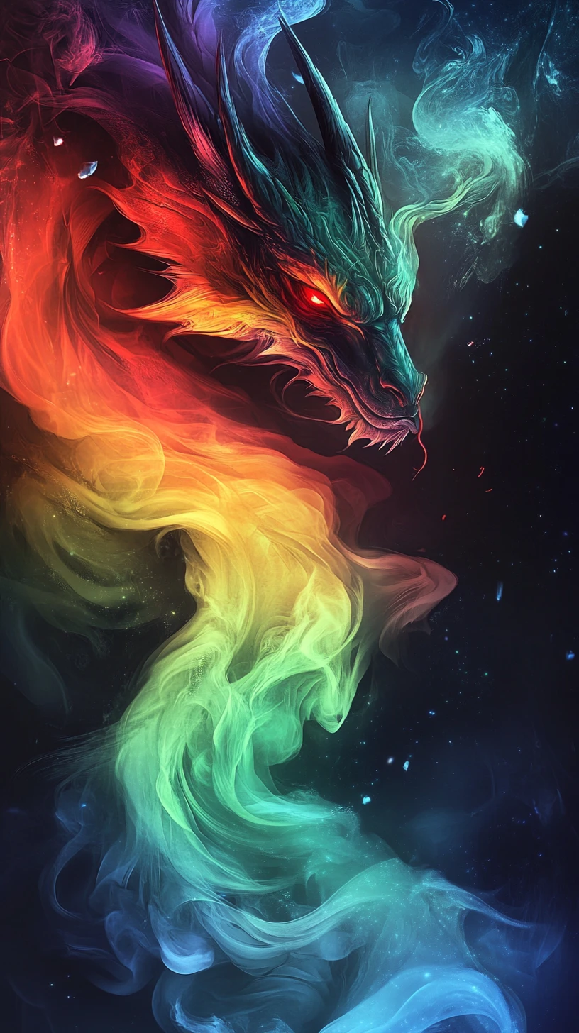 Regenbogen-Rauchdrache mit leuchtend roten Augen im wirbelnden Nebel