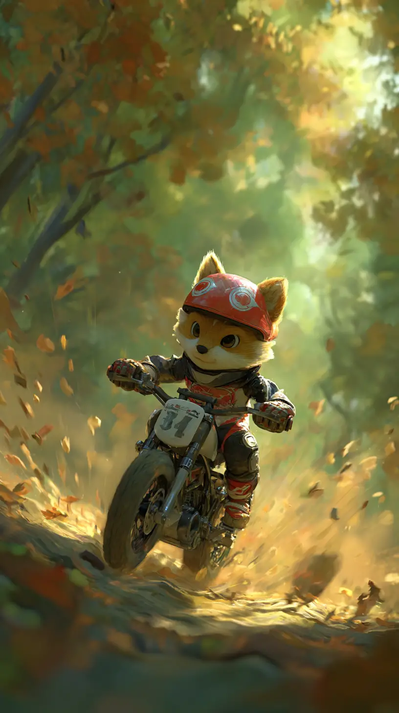Mutiger Fuchs fährt ein winziges Motorrad durch den Wald