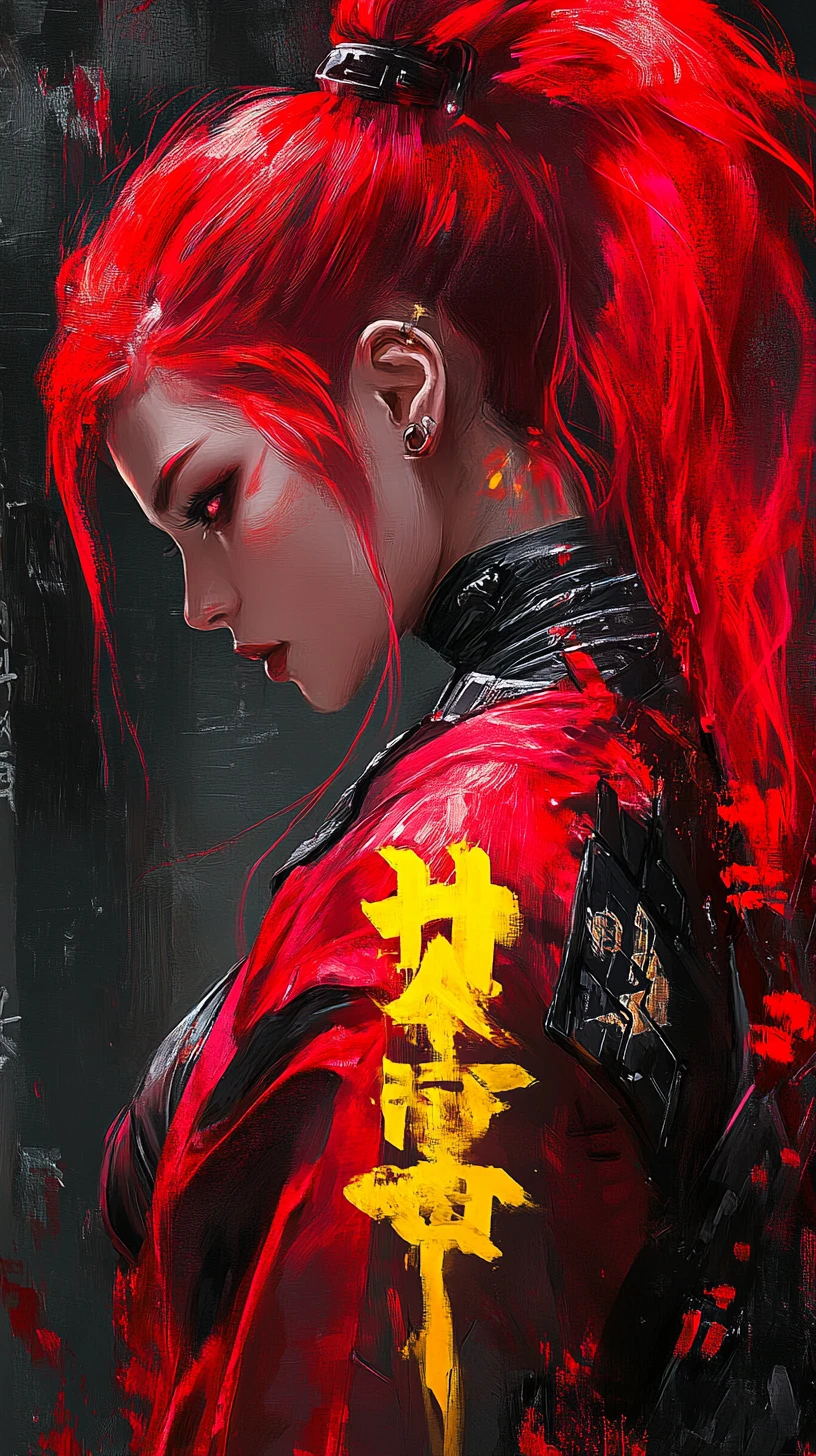 Mujer samurái cyberpunk con kimono rojo en retrato de perfil