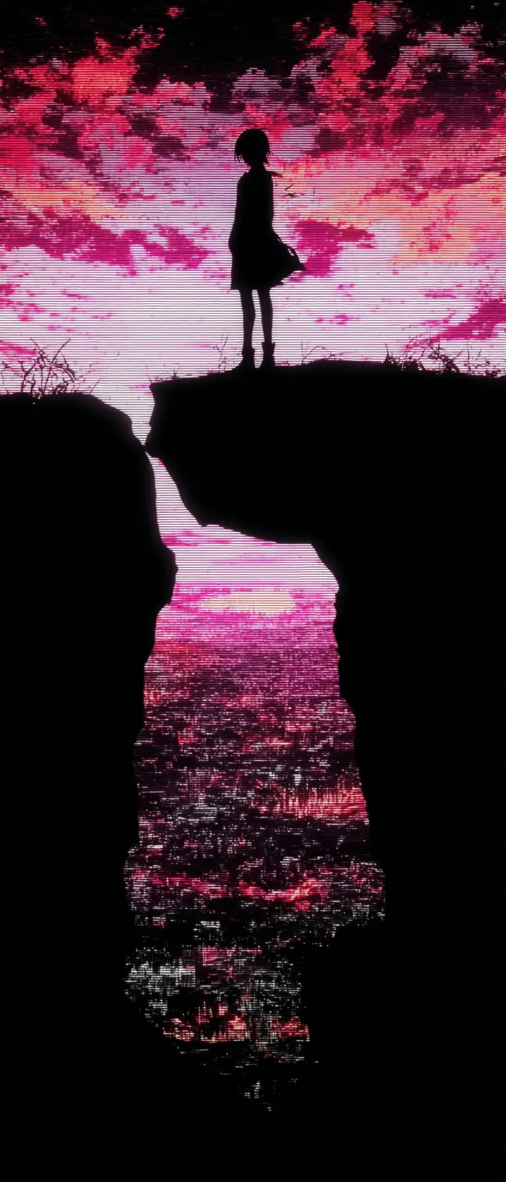Anime-Silhouette über brennender futuristischer Stadtsilhouette