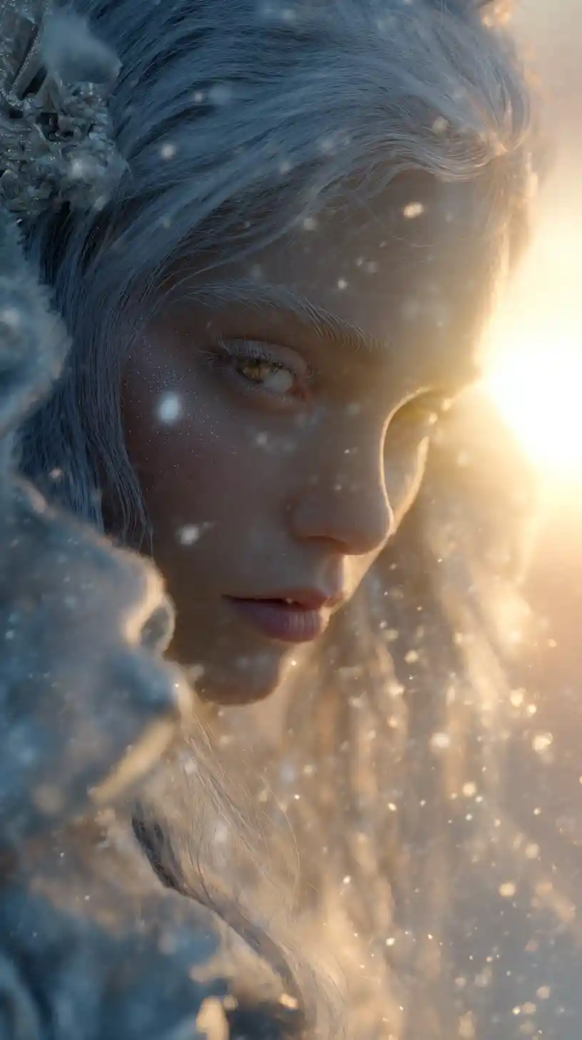 Mystical sorceress at the gate of a winter wonderland
