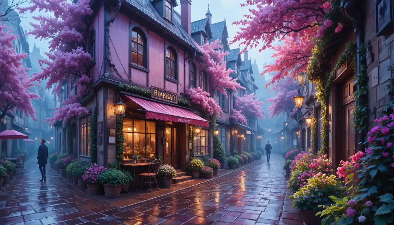 Rainy Alley Cafe Near Park In Vibrant Old Town
