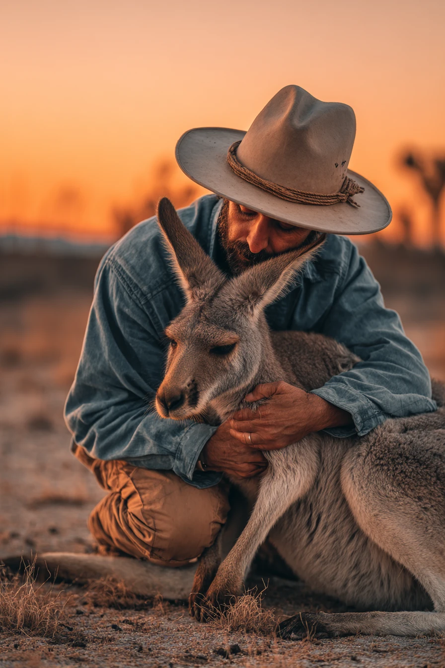 Man hugging a calm kangaroo at sunset in the outback