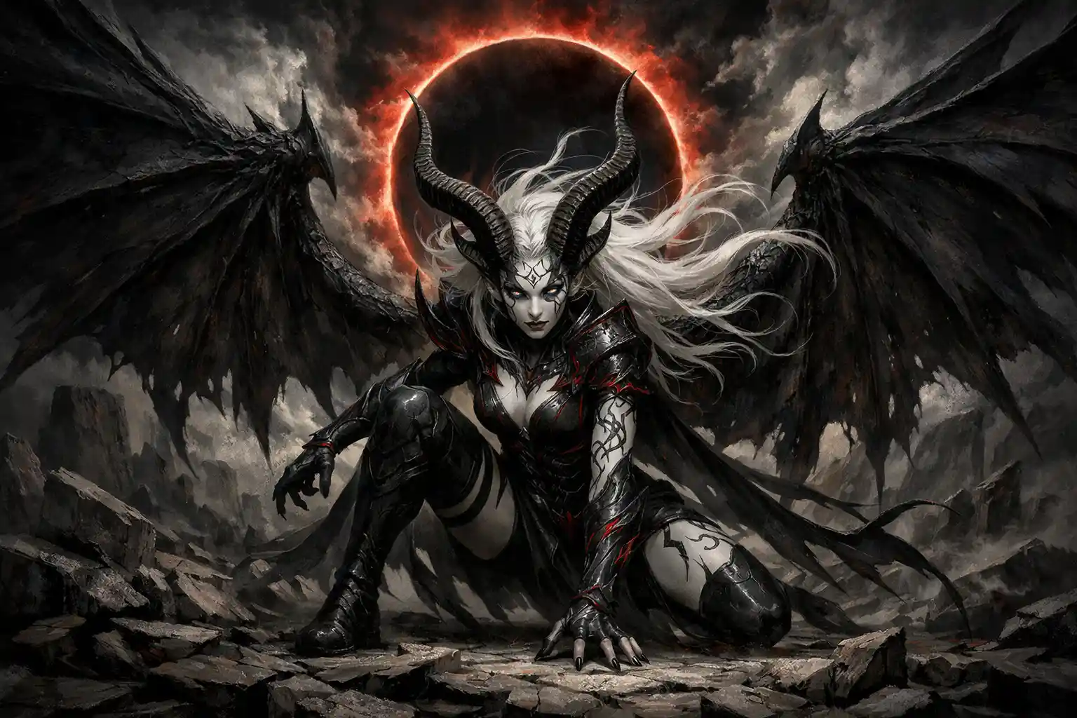 Demonic winged heroine landing in a shattered gothic realm