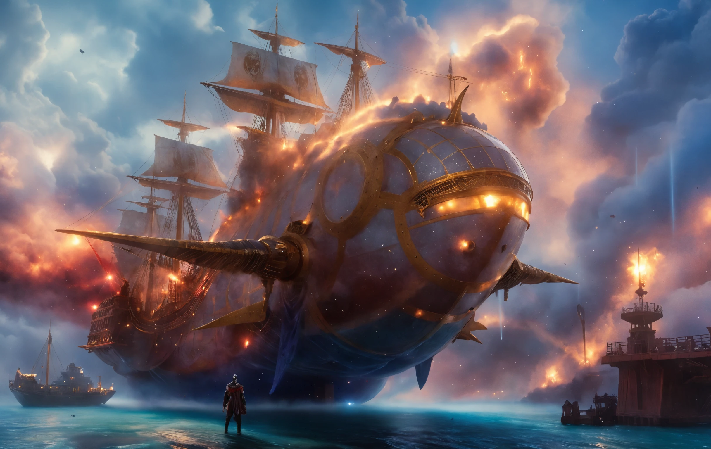 Warforged-Druide stützt sich auf Luftschiffdocks während Explosion