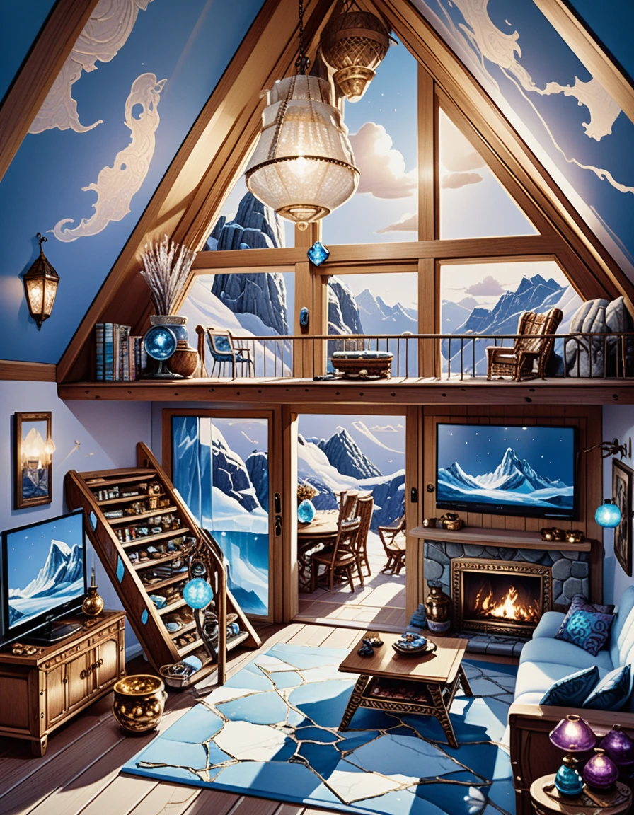 Isometric 3D interior of a rustic A frame cabin retreat