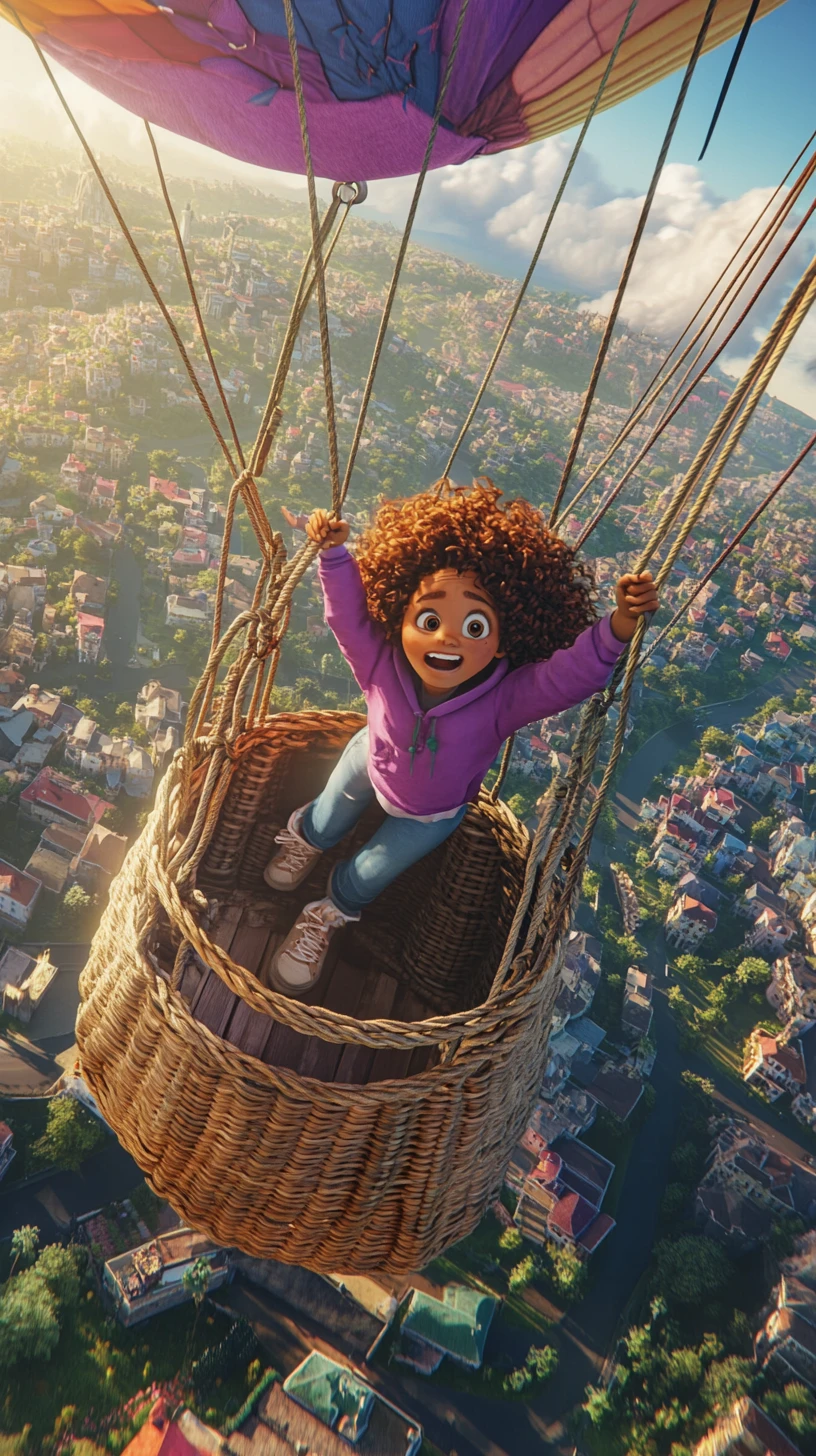 Terrified girl hanging from a hot air balloon over city