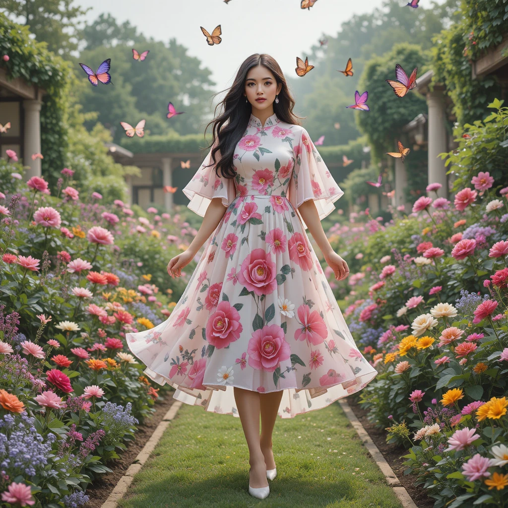 庭園でピンクの花柄ケープドレスを纏った優雅な女性