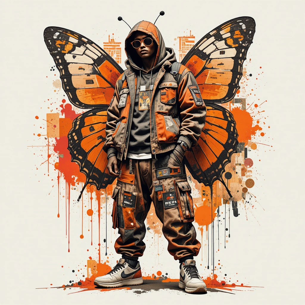 Mariposa antropomórfica en una audaz pose de streetwear urbano
