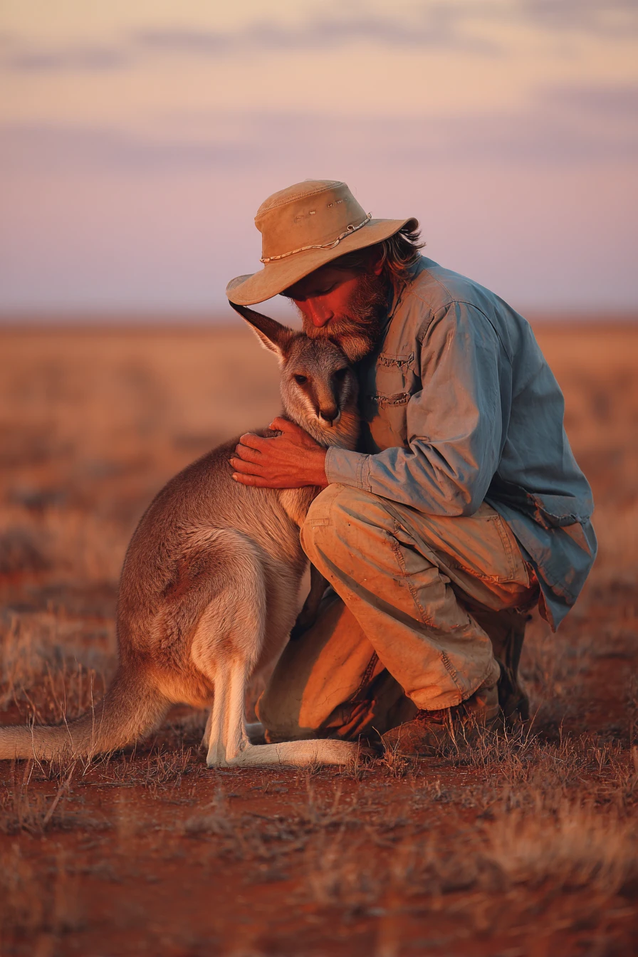 Man gently hugging a kangaroo at sunset in the outback