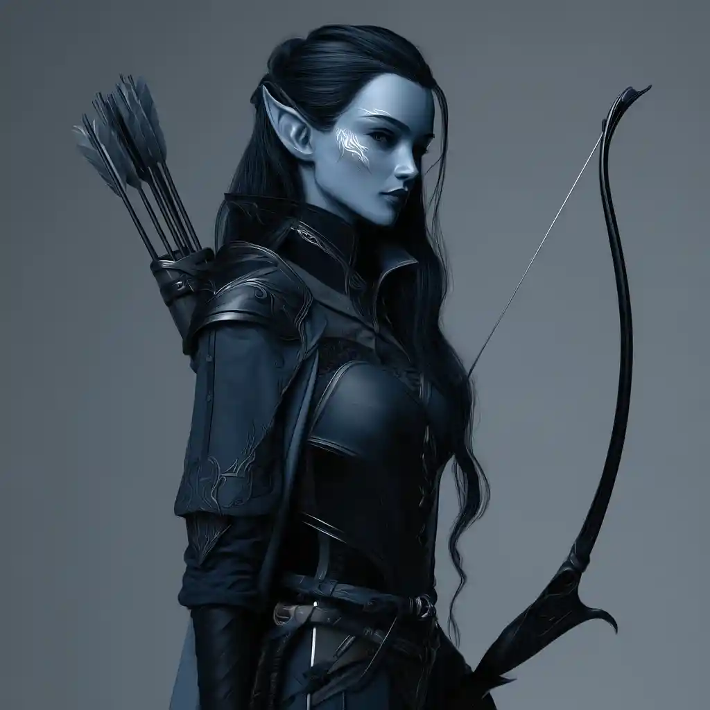 Dark elf warlock with shadowy magical bow ready to strike
