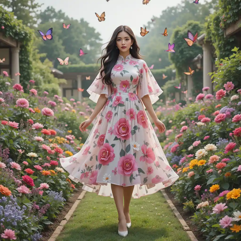 庭園でピンクの花柄ケープドレスを纏った優雅な女性